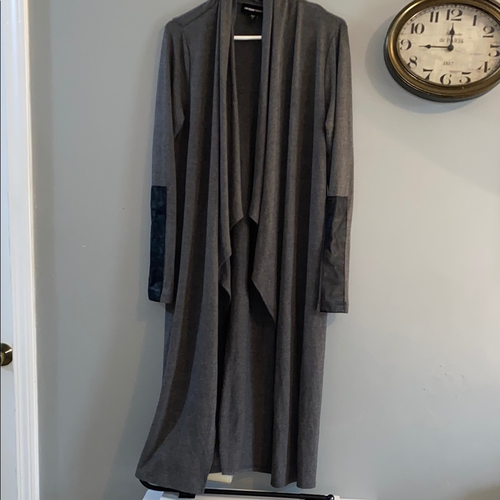 Gray Long Open Cardigan with Black Accents